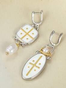 Asymmetric Color-Block Enamel Cross Matte Pendant Ear Clips, Niche Luxury Women's Earrings, Suitable For Commuting And Dating - Multicolor - View 8