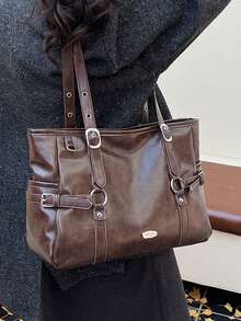 American Retro Shoulder Tote Bag With Metal Buckle Decoration On The Side, And Personalized, Suitable For Commuting And Daily Travel - Coffee - View 4
