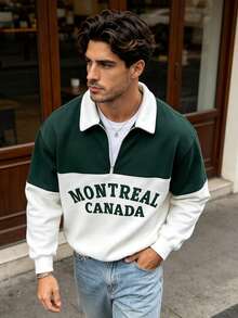 Men's Winter Solid Color Minimalist Casual College Sports Style Half-Zip Pullover Sweatshirt With Contrast Color Collar - Green - View 2
