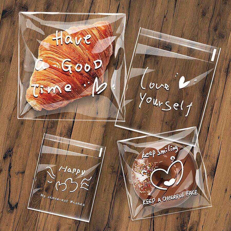 100pcs Transparent Self-Sealing Adhesive Gift Bags With Inspirational Handwritten Quotes - Reusable Plastic Bags, Suitable For Cookies, Snacks, Gifts, Parties And Special Occasions, Simple Pattern Design, Convenient Sealing - Multicolor - View 1