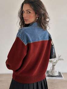 Wixra Denim Yoke Patchwork Button Front Cardigan, Lapel Collar Long Sleeve Color Block Knit Outerwear For Fall - Burgundy - View 2