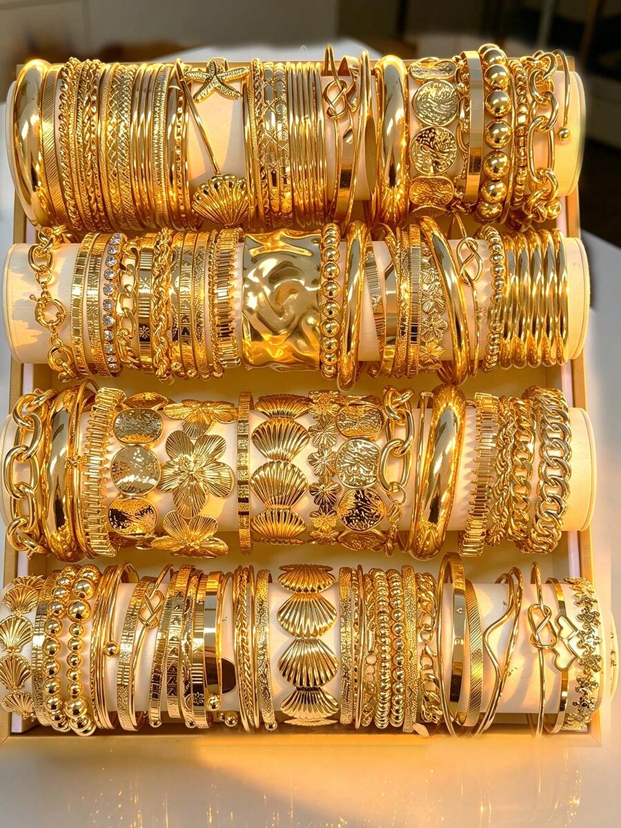 30/25/20/15/10/7pcs Multi-Layer Stackable Fashion Minimalist Elegant Exquisite Vintage Design Geometric Ribbon Flower Bead String Heart Smile Starburst Embossed Asymmetrical Texture Rhinestone Shiny Chain Twisted Rope Knot Line Metal Style Plain Bangle Bracelet Set, Holiday Vacation Party Date Gift, Daily Commute Wear, Personalized - Yellow Gold - View 1