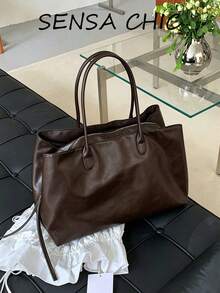 Women's Soft Leather Tote Bag With Lychee Grain Texture, Spaghetti Strap, Large Capacity Multi-Compartment Storage, Open Top, Vintage Minimalist Style, Lightweight Luxury Commuter Handbag For Work, Business Travel And Outings - Coffee - View 1