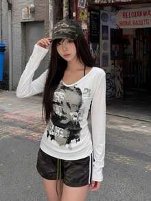 Casual Distressed Portrait Print Long Sleeve T-Shirt Women Niche Aesthetic Hot Girl Base Layer Top - White - View 4
