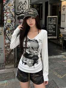 Casual Distressed Portrait Print Long Sleeve T-Shirt Women Niche Aesthetic Hot Girl Base Layer Top - White - View 3