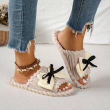 Women's Solid Color Fashion Fabric Bow Knot Comfortable Soft Sole Home Slippers Autumn/Winter One-Strap - Beige - View 4