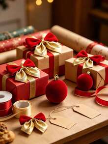 60pcs/Set Red & Gold Christmas Bow Decorative Balls And Christmas Baubles, Christmas Tree Hanging Ornaments, Holiday Party Home Decor Festive Bow Ball Decorations - A - View 1