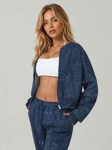 Women's Navy Blue Fashion Pattern Zipper Short Flight Jacket Sweatshirt, Ribbed Hem Long Sleeve Top Outerwear, Suitable For Sports, Fitness, Street Casual, Home Wear - Royal Blue - View 5