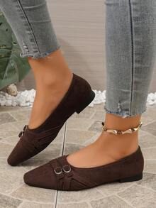 Brown Dual-Metal Buckle Pointed Toe Flat Shoes Women Spring Autumn Vintage Commute Low Vamp Versatile Loafers - Coffee Brown - View 4