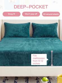 HONEYMOON 1pc Flannel Fitted Sheet, Warm & Breathable Mattress Protector, Elastic Mattress Cover, 9-12 Inches/25cm Deep Pocket, Wrinkle-Resistant, Fits T F Q K All Sizes, Machine Washable, Suitable For Home And School Dorms - Dark Green - View 4