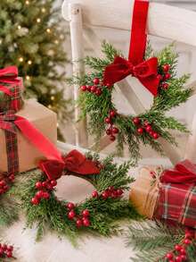 1/2/3pcs Christmas Wreath Garland, Artificial Cedar Wreath With Bows And Red Berries, Holiday Wall Door Decor For Home Party - Multicolor - View 3