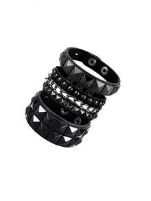 3Pcs Unisex Gothic Punk Faux Leather Bracelet, Metal & Chain Decor Wristband, Adjustable Dark Style Accessories For Party & Daily All‑Season Wear - Black - View 9