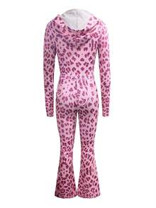 Women's Cute Hooded Long Sleeve Letter Leopard Print Zip-Up Jacket And Flare Pants Set, Spring Vacation Outfit, Vacation Wear, Elegant Red - Red - View 8