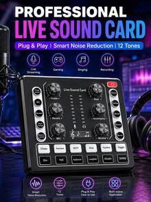 Live Streaming Sound Card Audio Mixer, 12 Sound Effects, Intelligent Noise Reduction, Voice Changer, High/Low Tone & Reverb Adjustment, Plug And Play USB Audio Interface, Suitable For Live Streaming, Karaoke, Gaming, Recording, Music, Unisex Gift - View 2
