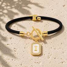 Initial Charm Black Rope Gold Plated Letter Bracelets For Women Men Toggle Closure Cubic Zirconia Tag - Yellow Gold - View 14