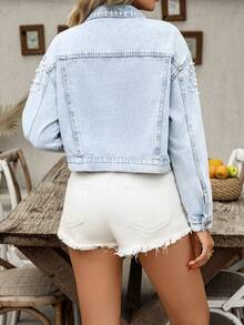 HAPPY GIRL Spring/Autumn Casual Versatile Fashion Pearl Denim Women's Simple All-Match Short Jacket For Daily, Stage, Concert, Airport Wear - Blue - View 8