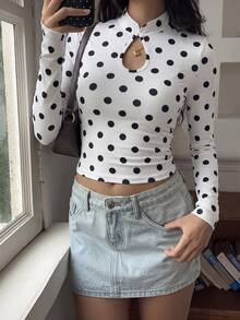 SCARLUX Fall Winter Women Y2K White Polka Dot Long Sleeve Top, Keyhole Mock Neck Fitted Tee For Back To School Street Commute Loungewear - White - View 7