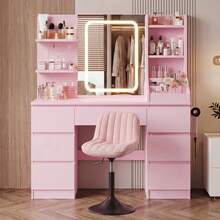 Devoko Vanity Table With LED Mirror & Power Outlet, Dressing Table With 7 Drawers, Hair Dryer Holder & Jewelry Hooks, White/Black/Pink - Pink - View 14