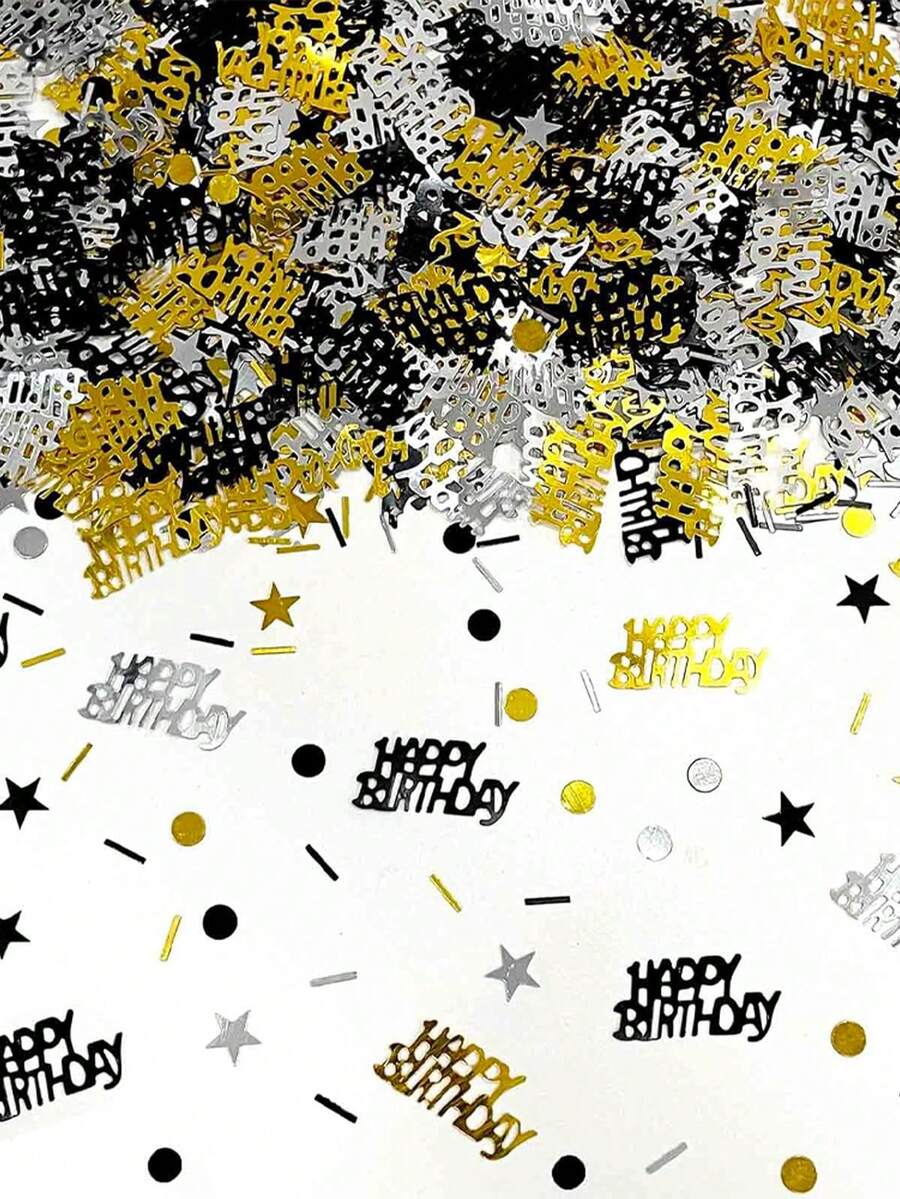 1包黑金銀亮片生日快樂紙屑，字母星星圓點鏤空桌面撒花裝飾，金屬箔材質閃亮桌上撒粉，生日嬰兒洗禮派對拍照亭背景裝飾，桌面慶祝用品 - 彩色 - 查看 1