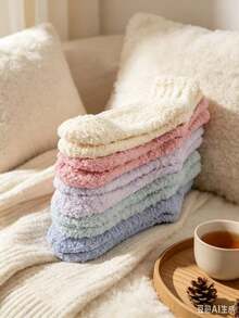 1/2/4/10 Pairs Random Men & Women Winter Solid Color Coral Fleece Thickened Warm Minimalist Sleep Mid-Calf Socks - Multicolor - View 5