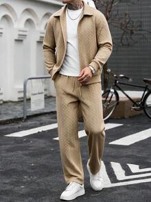 Fashionable New Men's 2 Pieces Set With Herringbone Wheat Jacquard Lapel Full Zip Jacket And Straight Leg Drawstring Pants - Khaki - View 2