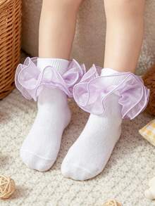 1双儿童/幼儿纯色荷叶边中筒袜，适合搭配校服 - 淡紫色 - 查看 2