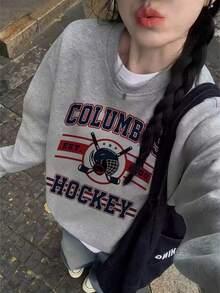 女款復古運動風 EST.2000 曲棍球圖案對比印花落肩長袖衛衣 秋季 - 淺灰色 - 查看 5
