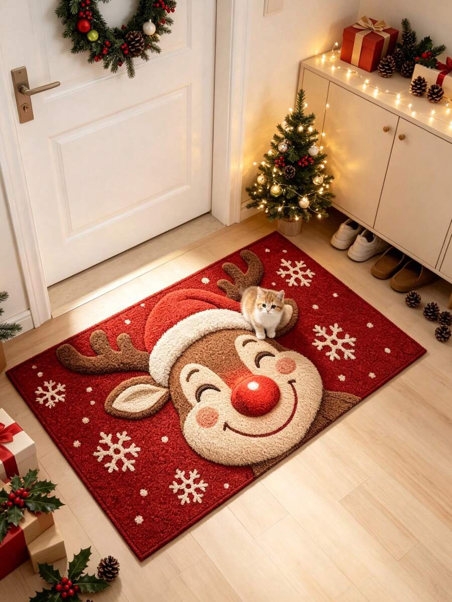 1pc Red Reindeer Christmas Doormat, Door Mat, Small Rug, Welcome Mat, Carpet, Floor Mat, Outdoor Doormat, Kitchen Rug, Home Decor, Front Door Mat, Area Rug, Outdoor Mat, Home Decor, Area Carpet, Garden Rug, Washable Carpet - Multicolor - View 1