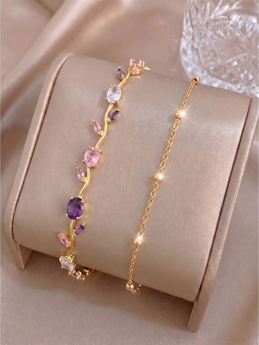 2pcsRomantic Gold‑Tone Stainless Steel Bracelet Set, Vine Multicolor Zirconia & Beaded Thin Chain - Multicolor - View 1