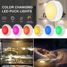 RGB LED Puck Lights, Battery Operated Under Cabinet Lights With Remote Control, 13‑Color Changing Dimmable Wireless Night Lights, Stick‑On Closet Showcase Display Lights For Kitchen, Shelf, Bar, Bedroom Decor - 6 Pcs - View 10