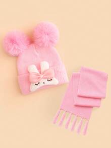2pcs Baby Autumn/Winter Gift Set, Cute Squinting Rabbit Double Pom Pom Knitted Beanie & Matching Color Scarf Set, Suitable For Baby Girls Daily Wear And Warmth In Autumn/Winter - Multicolor - View 6