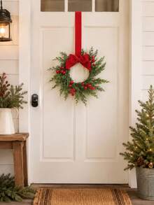 1/2/3pcs Christmas Wreath Garland, Artificial Cedar Wreath With Bows And Red Berries, Holiday Wall Door Decor For Home Party - Multicolor - View 5