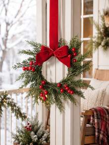 1/2/3pcs Christmas Wreath Garland, Artificial Cedar Wreath With Bows And Red Berries, Holiday Wall Door Decor For Home Party - Multicolor - View 8