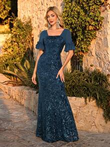 CEILIM Square Neck Chiffon Ruffle Short Sleeve Sequin Embroidered Mermaid Evening Gown, Front Square Neck Back Square Neck Open Back Slim Fit Bodycon Long Banquet Dress - Teal Blue - View 6