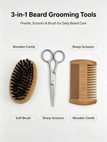 Men's Beard Grooming Kit With Beard Comb, Boar Bristle Care Brush, Beauty Scissors And Travel Storage Bag - Beard Comb + brush - View 7