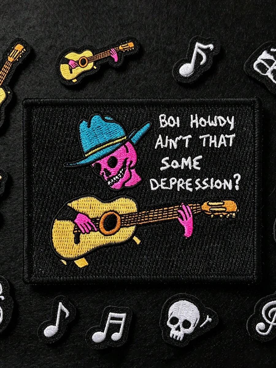 1pc/2pcs/3pcs/5pcs/6pcs/9pcs Punk Skull Cowboy Play Guitar Embroidered Sew/Iron‑On Patch, DIY Clothing Decor Applique Accessory - Multicolor - View 1