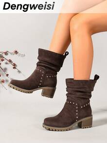 DENGWEISI Brown Rivet Punk Women's Boots, Chunky Mid-Heel Square Toe, Comfortable Versatile Office Commute Daily Vacation Holiday Street Spring Autumn Fashion Mid-Calf Boots - Coffee Brown - View 2