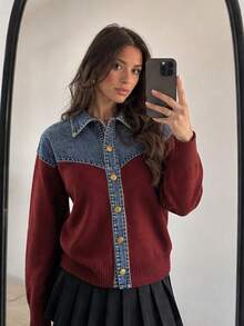 Wixra Denim Yoke Patchwork Button Front Cardigan, Lapel Collar Long Sleeve Color Block Knit Outerwear For Fall - Burgundy - View 1