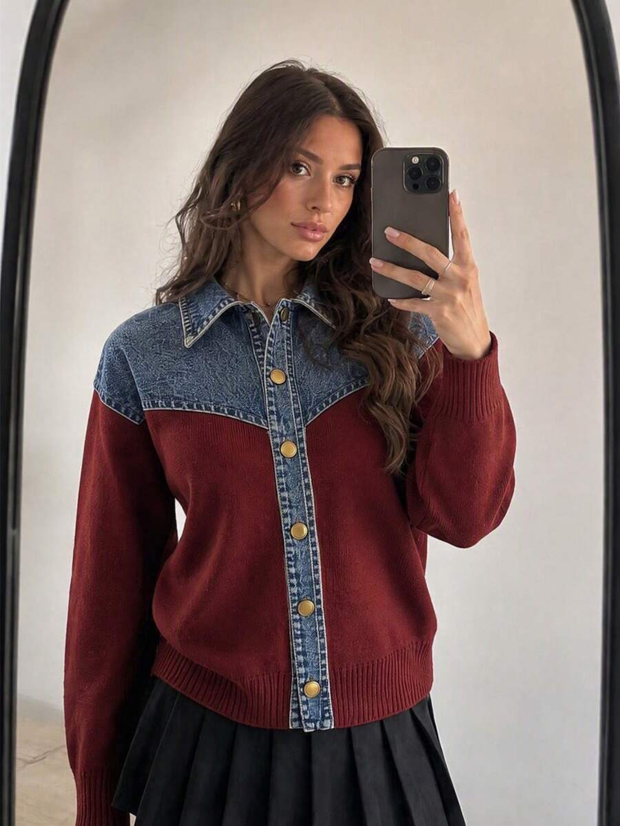 Wixra Denim Yoke Patchwork Button Front Cardigan, Lapel Collar Long Sleeve Color Block Knit Outerwear For Fall - Burgundy - View 1