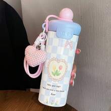 1PC 600ML Heart Tulip, Daisy In English, Minimalist Pattern Stainless Steel Cup, Double Drink Coffee Cup, Portable Straw Cup, Fashionable Lanyard , Suitable For Office, Home, Gift Recommendation, Coffee/Milk/Tea - Multicolor - View 4