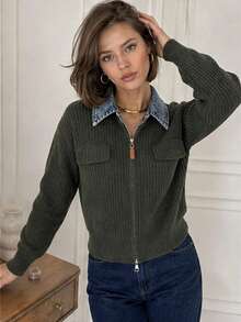 Wixra Women Denim Lapel Zip‑Up Ribbed Knit Cardigan Long Sleeve Patch Pockets Cropped Sweater Jacket - Dark Green - View 4