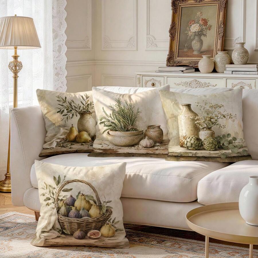 4pcs/1pc Vintage Still Life Fruit & Vegetable Pattern Pillow Case, Single-Sided Printed Pillow Case, Suitable For Living Room, Bedroom, Home Decor, All-Season Pillow Case - Multicolor - View 1