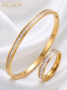 2pcs/Set 18K Gold Plated Stainless Steel Bracelet And Ring Set, Rectangular Cut Cubic Zirconia Channel Inlay Bracelet And Eternity Ring, Waterproof Anti-Oxidation Luxury Jewelry, Women's Gift - Gold - View 8