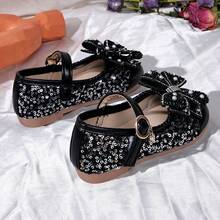 1 Pair 2026 New Girls' Mary Jane Princess Shoes, Bow Sequin Pearl Rhinestone Decor Glitter PU Material Round Toe Single Strap Flat Heel Sweet Princess Style Leather Shoes For Party Birthday Performance - Black - View 3