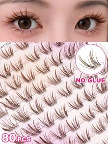 80pcs Brown Cluster False Eyelashes, Japanese Soft & Thin Style, Self-Adhesive No Glue Needed, Lightweight DIY Cluster Lashes For Deep Eyes, Easy To Apply For Daily Eye Makeup - C - View 1