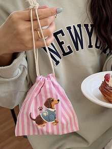 Cute Dachshund Printed Multi-Color Vertical Stripe Drawstring Coin Purse, Mini Travel Makeup Storage Bag, Jewelry Storage Bag, Coin Purse, Lightweight And Portable Drawstring Small Bag, Suitable For Daily Use, Vacation Travel, Gift Bags - Multicolor - View 5