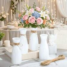 1/5/10pcs White Faux Ceramic Plastic Vase, Modern Vertical Textured Carved Vase With Rope Handle, Small Bud Decorative Vase For Home Decor, Wedding, Table Centerpiece, Living Room And Event Party Decoration, Bouquet Not Included - A - View 3