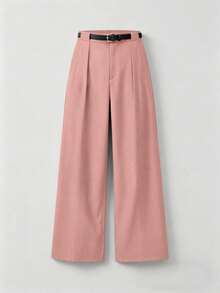 Pantalones rectos de cintura media de unicolor y elegantes con cinturón - Rosa - Ver 1