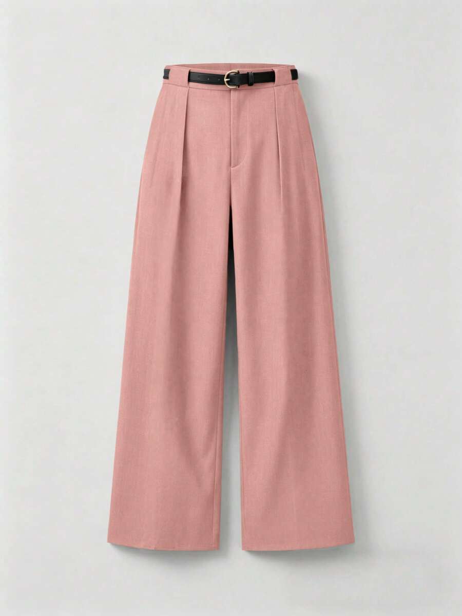 Pantalones rectos de cintura media de unicolor y elegantes con cinturón - Rosa - Ver 1