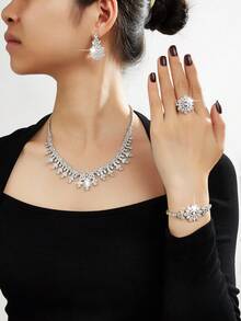 5pcs/Set Luxury Series Royal Style Geometric Tassel Design Bridal Wedding Set,Handmade Inlaid 3A Cubic Zirconia,Suitable For Women Wedding Party Gift - Set - View 2